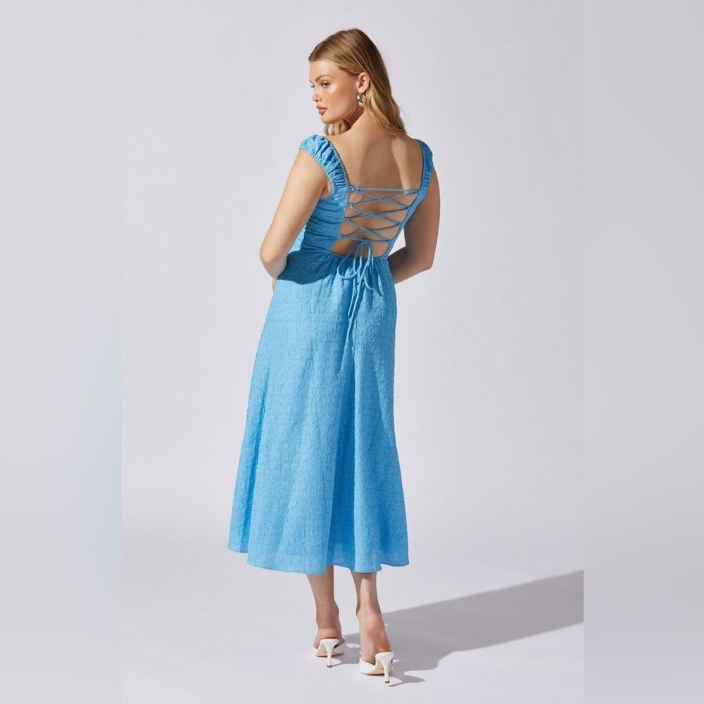 Astr Sky Blue Midi Dress with Lace-Up Back